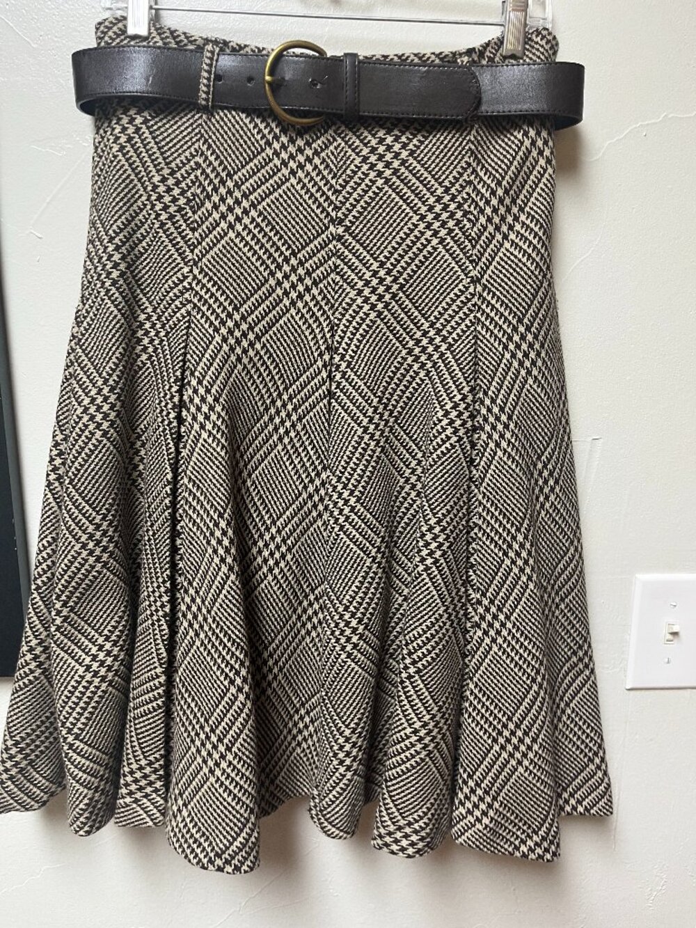 Vintage Dark Academia Houndstooth Plaid Flared Skirt with Belt - Brown/Cream
